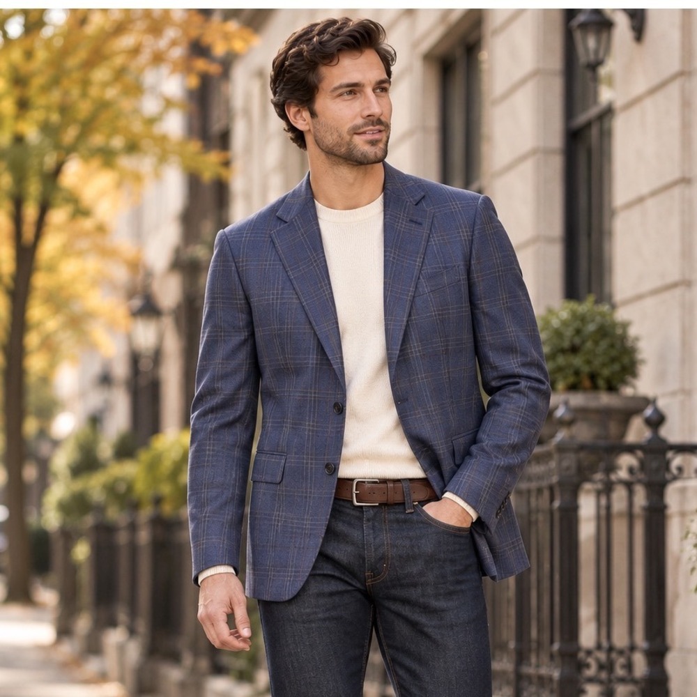 Executive 100% Wool Plaid Blazer Blue Slim Fit Sport Coat Jacket Preppy Sz 38R